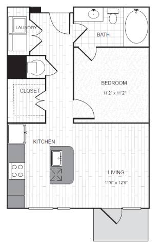 A floor plan of a small apartment with a living room, kitchen, bedroom, bathroom, and laundry area.