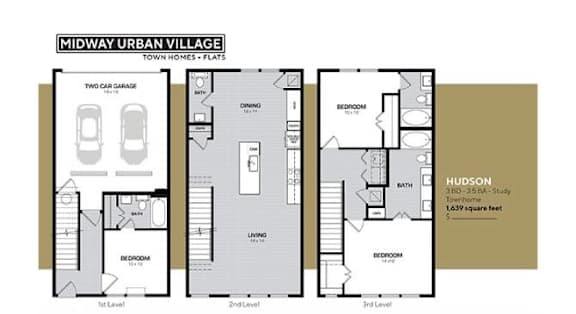 A floor plan for a townhouse in Midway Urban Village.