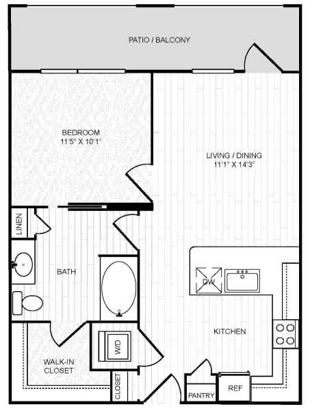 A black and white image of a floor plan for a home with a patio and balcony.
