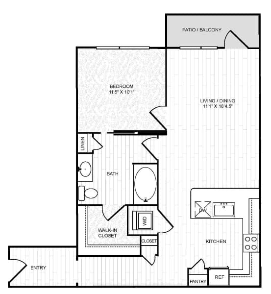 A black and white image of a house floor plan with a bedroom, bathroom, living/dining area, kitchen, pantry, and walk-in closet.