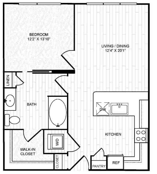 A black and white image of a floor plan for a home with a bedroom, living/dining area, kitchen, pantry, bathroom, and walk-in closet.