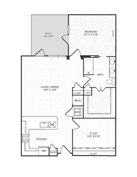 A floor plan of a house with a living room, dining room, kitchen, study, bedroom, bathroom, and balcony.