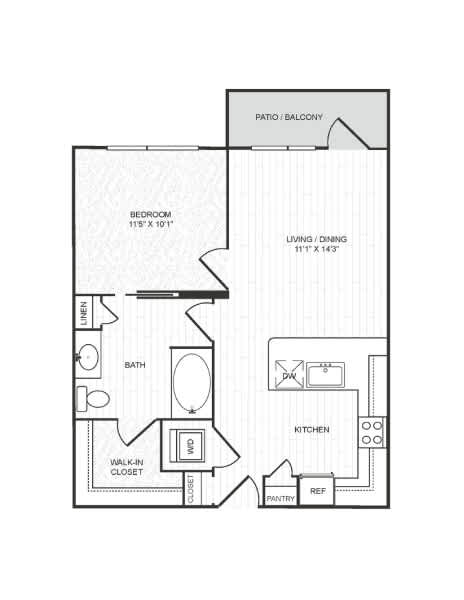 A floor plan of a home with a bedroom, bathroom, kitchen, living room, dining room, pantry, and walk-in closet.