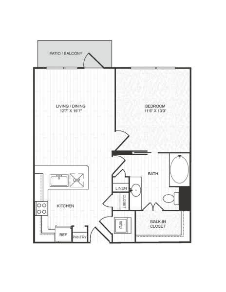 A floor plan of a home with a living room, dining room, kitchen, bathroom, and bedroom.