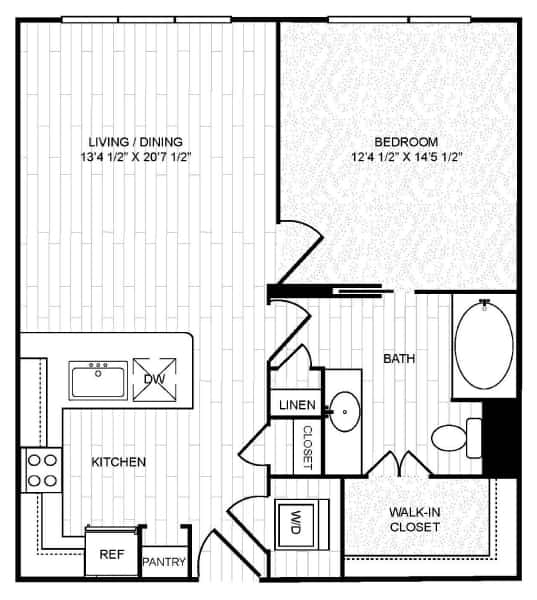 A black and white image of a house floor plan with a living/dining area, kitchen, pantry, bedroom, bath, linen closet, and walk-in closet.