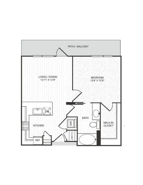 A floor plan of a small apartment with a living/dining area, kitchen, bathroom, bedroom, and walk-in closet.