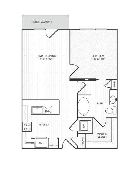 A floor plan of a home with a living room, dining room, kitchen, pantry, bedroom, bathroom, and walk-in closet.