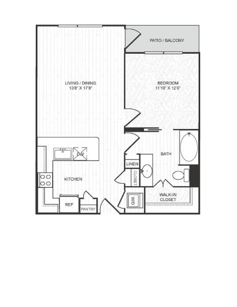 A floor plan of a home with a living room, dining room, kitchen, and bedroom.
