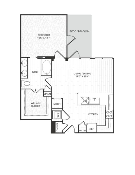 A black and white floor plan of a house with a bedroom, bathroom, living/dining area, kitchen, and pantry.