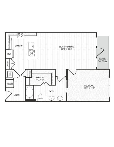 A floor plan of a house with a living room, dining room, kitchen, and bedroom.