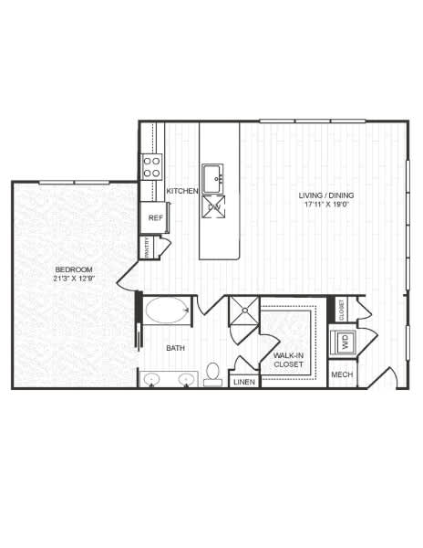 A floor plan of a small apartment with a bedroom, living room, and kitchen.
