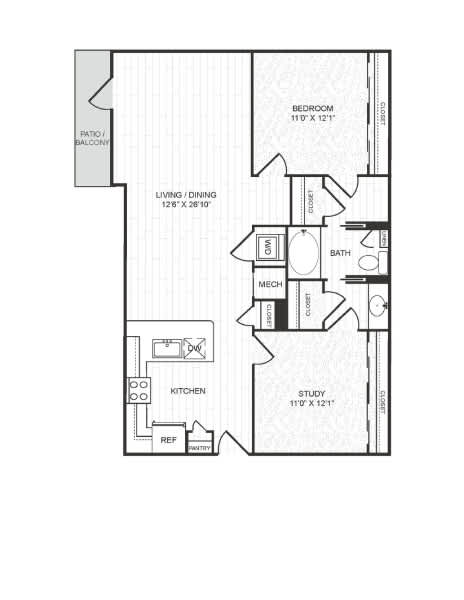 A floor plan of a house with a living room, dining room, kitchen, study, bathroom, and bedroom.