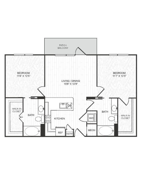 A black and white image of a house floor plan with a living room, dining room, kitchen, and two bedrooms.