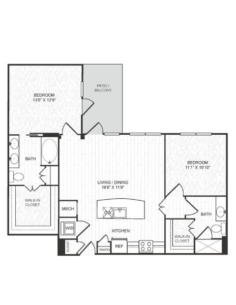 A black and white floor plan of a two bedroom apartment.