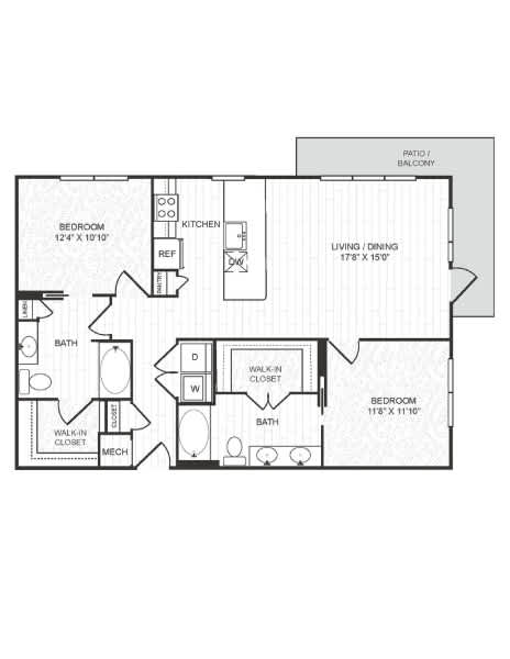 A floor plan of a house with a living room, dining room, kitchen, and two bedrooms.