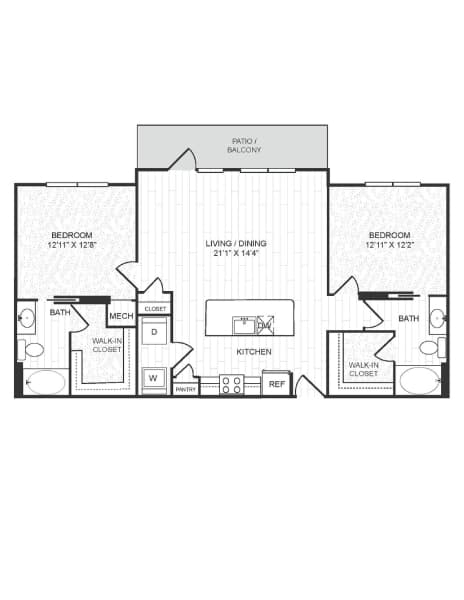 A floor plan of a house with three bedrooms, a living room, a dining room, a kitchen, a bath, a walk-in closet, and a patio/balcony.