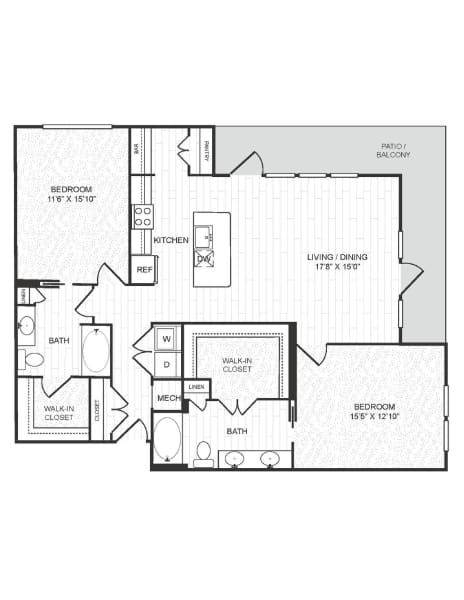 A floor plan of a house with a living room, dining room, kitchen, and two bedrooms.
