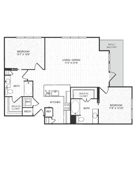 A floor plan of a home with a living area, dining area, kitchen, and two bedrooms.