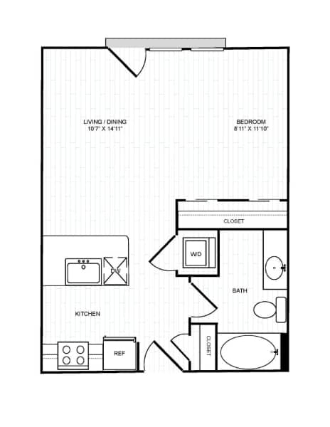 A black and white image of a floor plan for a small apartment.