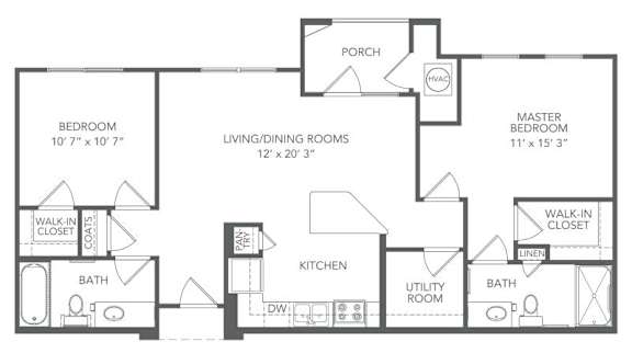 A black and white floor plan of a house with a porch, two bedrooms, a living/dining room, a kitchen, a utility room, a bath, and a walk-in closet.
