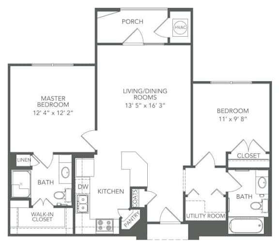 A black and white image of a house floor plan with a porch, two bedrooms, a living area, a kitchen, a bathroom, a utility room, and a pantry.