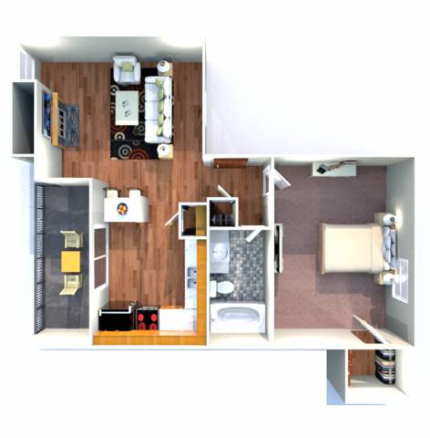 A top down view of a small apartment with a kitchen, living room, and bathroom.