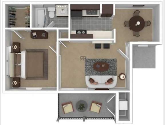A floor plan of a small apartment with a kitchen, living room, and bathroom.