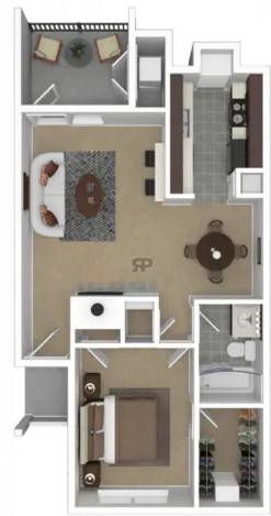 A floor plan of an apartment with a kitchen, living room, and bathroom.