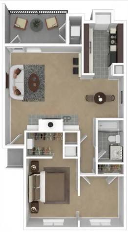 A floor plan of a small apartment with a kitchen, living room, and bathroom.