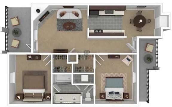 A floor plan of a house with a kitchen, living room, and two bedrooms.