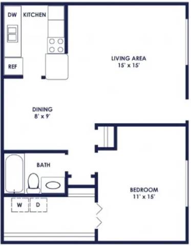 A floor plan of a small apartment with a living area, kitchen, dining space, bathroom, and bedroom.