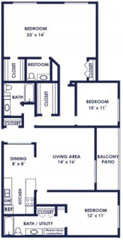 A black and white image of a floor plan for a two bedroom apartment.