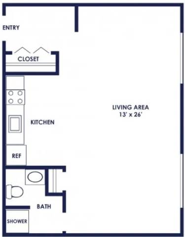 A floor plan of a small apartment with a living area, kitchen, bathroom, and closet.