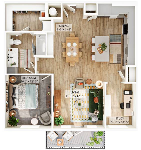 A floor plan of a small apartment with a living room, dining room, kitchen, bedroom, and study.
