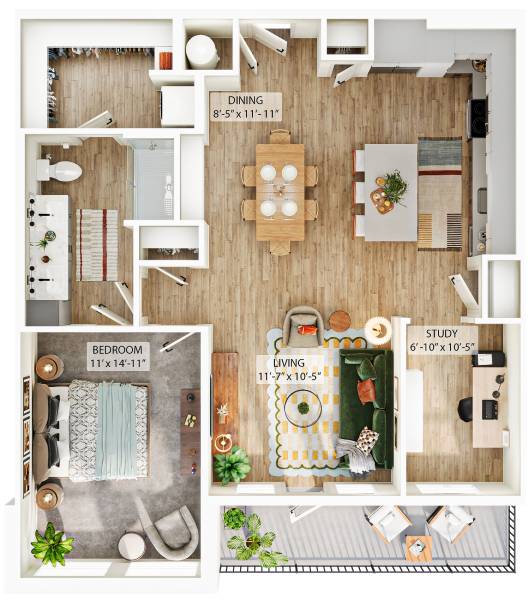 A floor plan of a small apartment with a bedroom, living room, kitchen, and study.