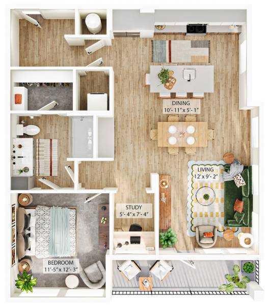 A floor plan of a small apartment with a bedroom, study, and dining area.