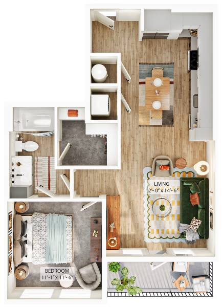 A living room with a bedroom and a bathroom are shown in this image.