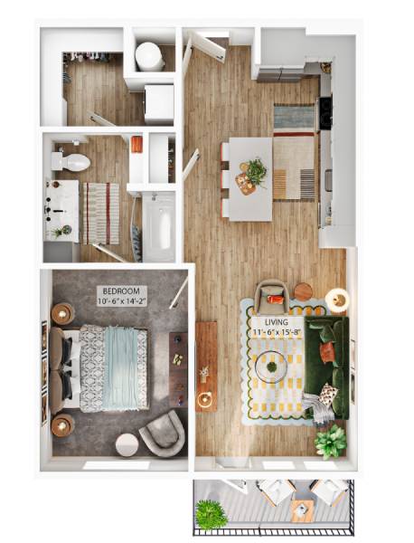 A floor plan of a small apartment with a bedroom and living room.