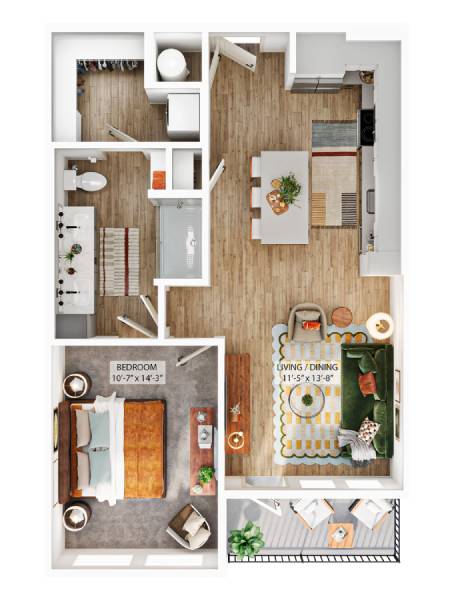 A floor plan of a small apartment with a living room, dining room, kitchen, and redroom.