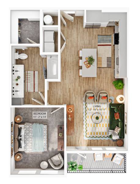 A floor plan of a small apartment with a living room, bedroom, and kitchen.