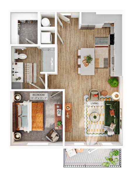 A floor plan of a small apartment with a bedroom and living room.