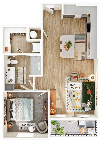 A floor plan of a small apartment with a bedroom, living room, and kitchen.