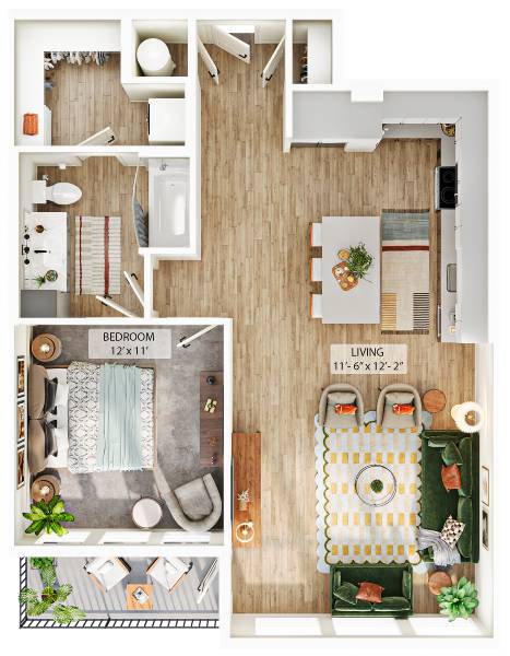A floor plan of a small apartment with a bedroom and living room.