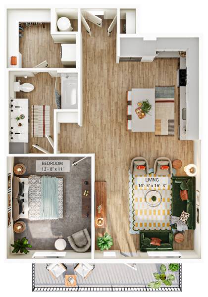 A floor plan of a bedroom with a bathroom and living room.