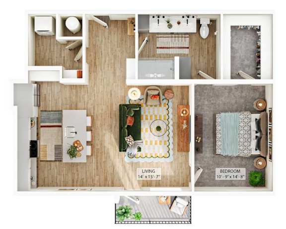 A floor plan of a small apartment with a living room, kitchen, and bedroom.