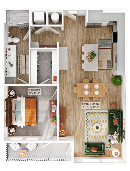 A floor plan of a small apartment with a bedroom and living/dining area.