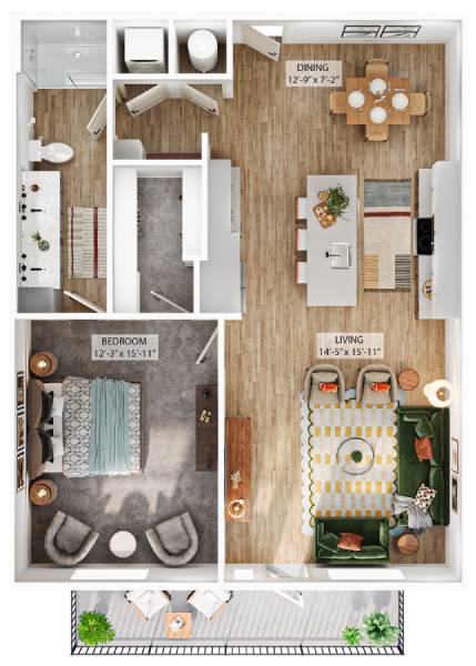 A floor plan of a small apartment with a living room, dining room, and bedroom.