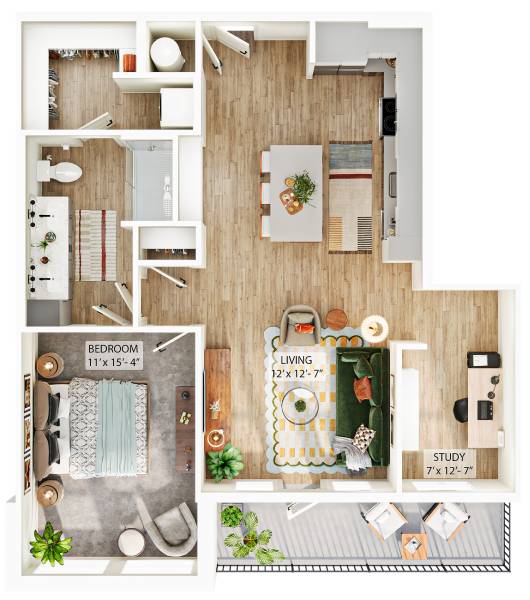 A floor plan of a small apartment with a bedroom, living room, and study.
