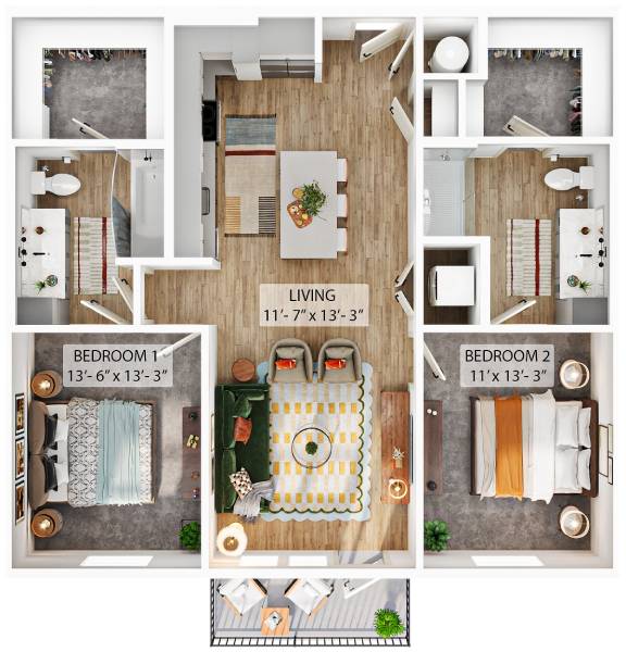 A living room with two bedrooms and a kitchen is shown in the image.