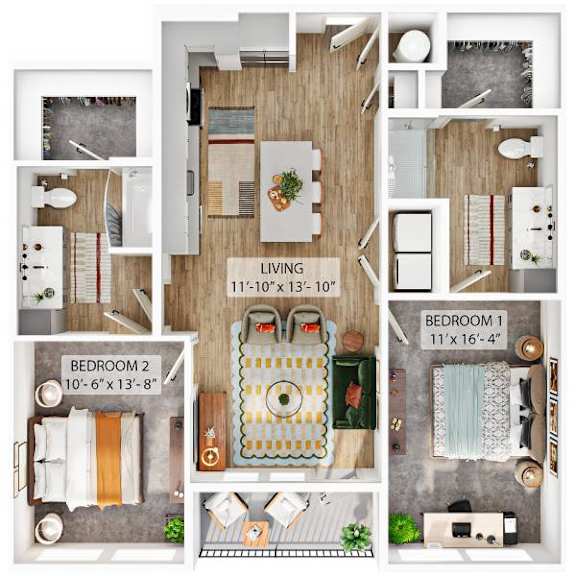 A floor plan of a house showing a living room, two bedrooms, a bathroom, and a kitchen.